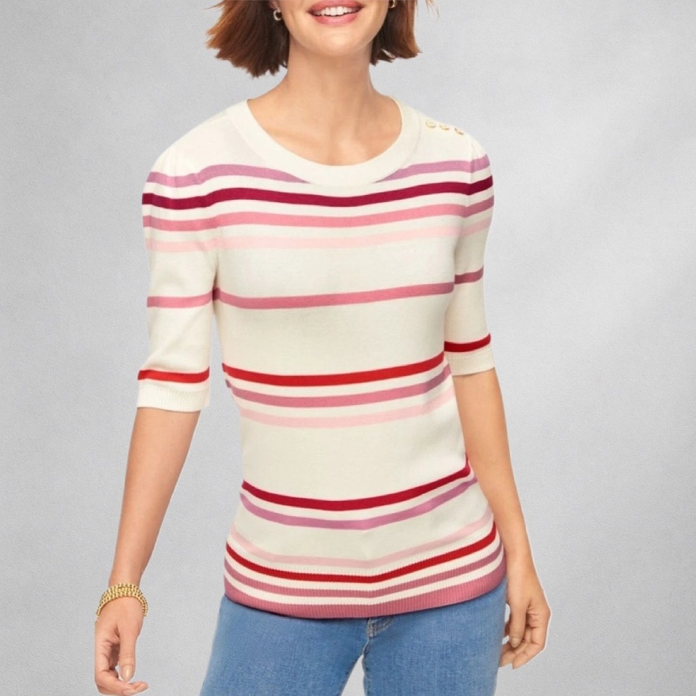 Talbots XL Womens Sweater Striped Knit Button Shoulder Cotton Rayon Top